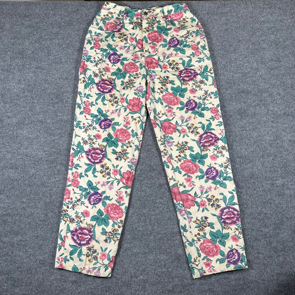 Vintage Floral Pants Womens Size 28 Cream Pink Rose High Waisted Straight Leg